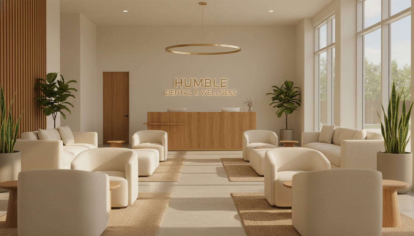 Modern, inviting dental office waiting room with comfortable seating and natural lighting