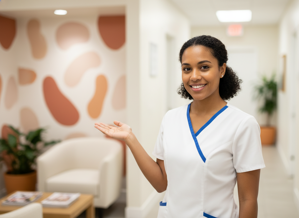 Friendly professional dental assistant welcoming patients at modern reception desk