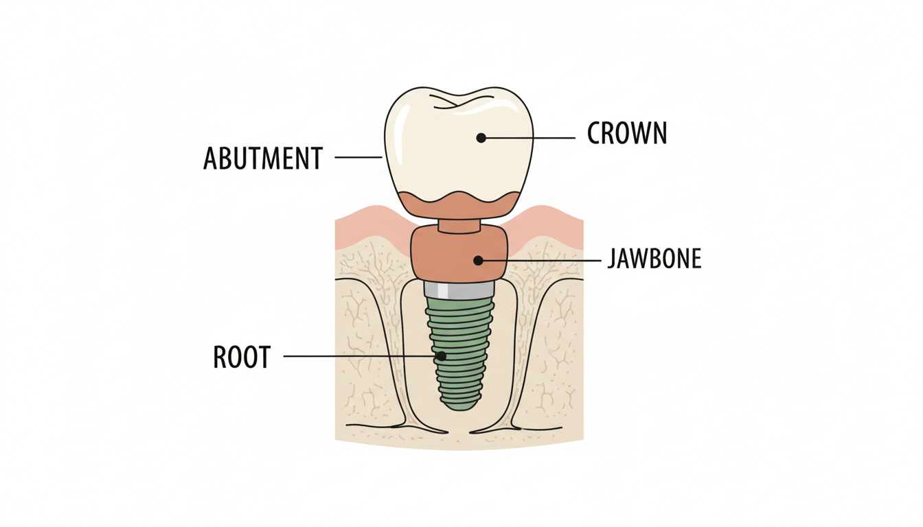 Dental implant structure infographic showing root, abutment, and crown